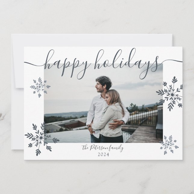 Modern simple Christmas script snowflakes photo Holiday Card (Front)