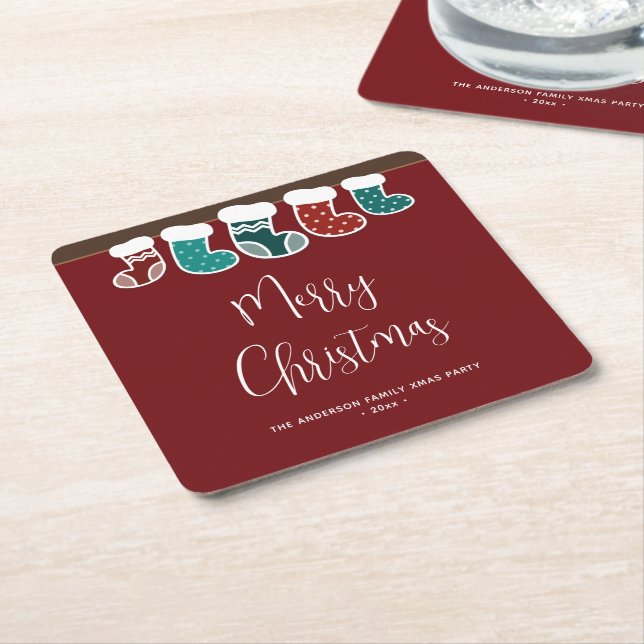 Modern Simple Christmas Stockings Holiday Party Square Paper Coaster (Angled)