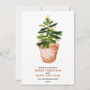 Modern simple Christmas tree watercolor greetings Card