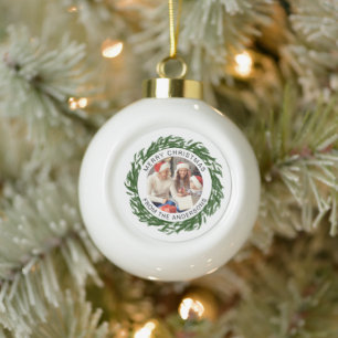 Modern Simple Christmas Wreath Family Photo Ceramic Ball Christmas Ornament