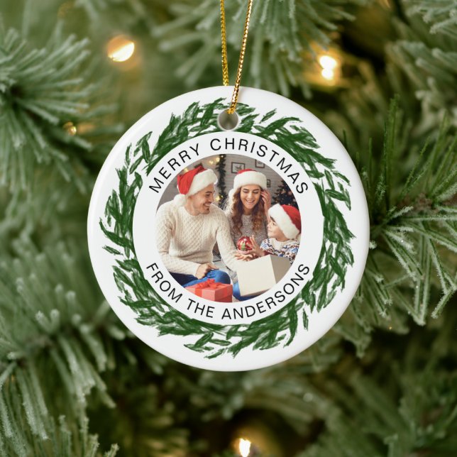 Modern Simple Christmas Wreath Family Photo Ceramic Tree Decoration (Tree)