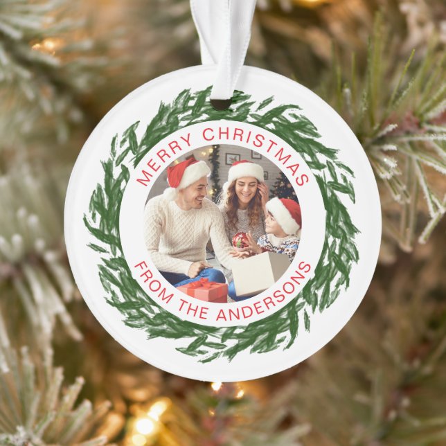 Modern Simple Christmas Wreath Family Photo Ornament (Tree)