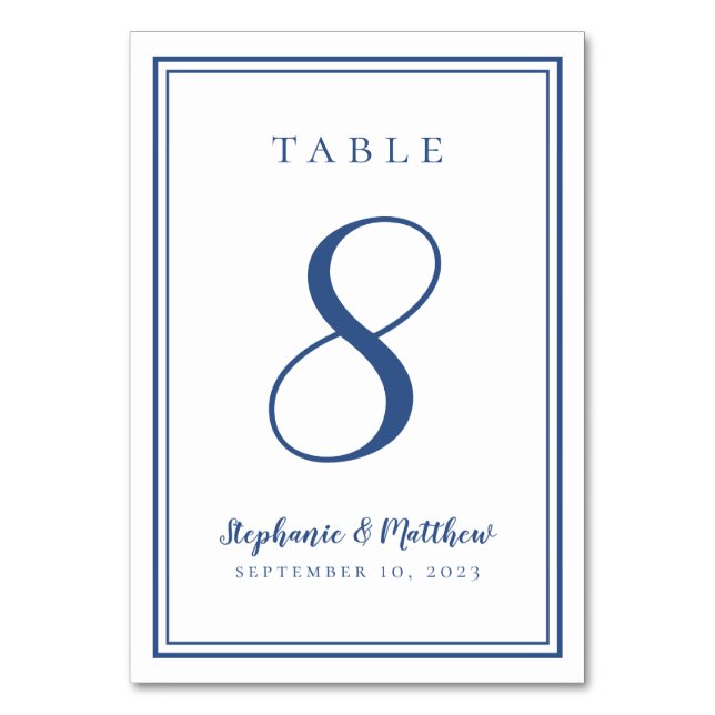 Modern Simple Classic Blue Wedding Customised Table Number (Front)