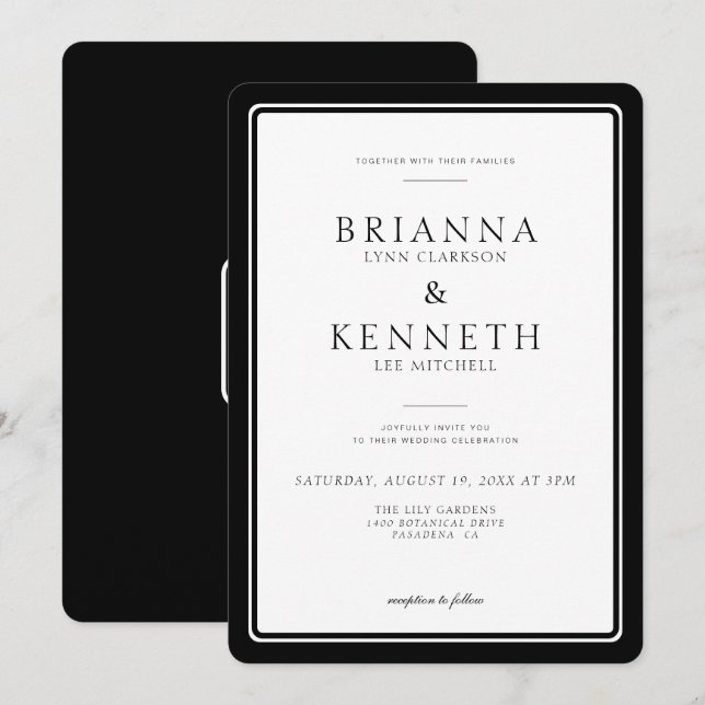 Modern Simple Classic Elegance Black Frame Wedding Invitation (Front/Back)