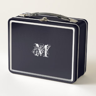 Modern Simple Classic Elegant White Monogram Black Metal Lunch Box