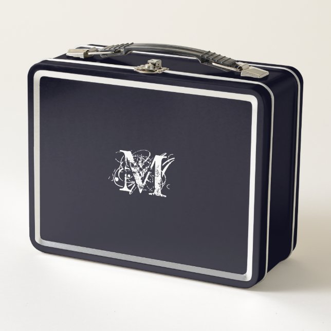 Modern Simple Classic Elegant White Monogram Black Metal Lunch Box (Front)