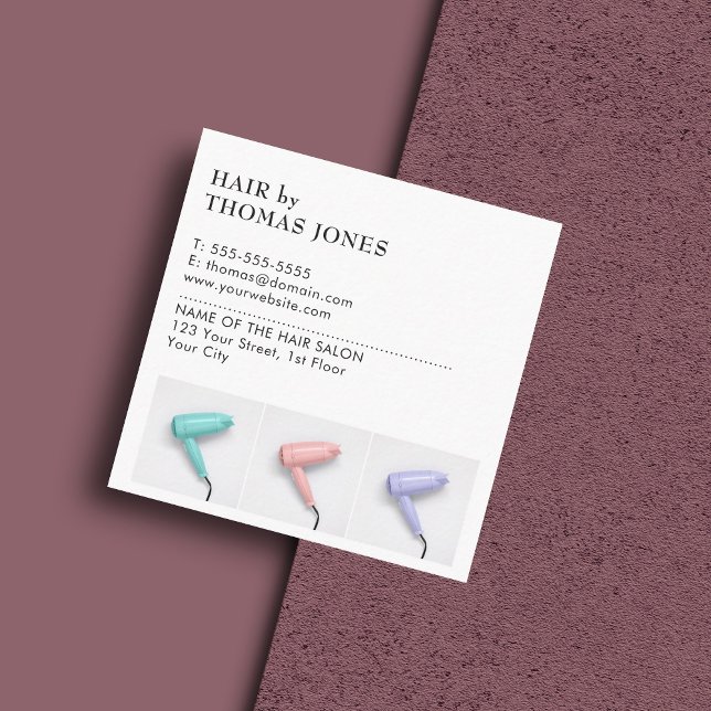 Modern Simple Colourful Hairdryer Hairstylist Square Business Card (Creator Uploaded)