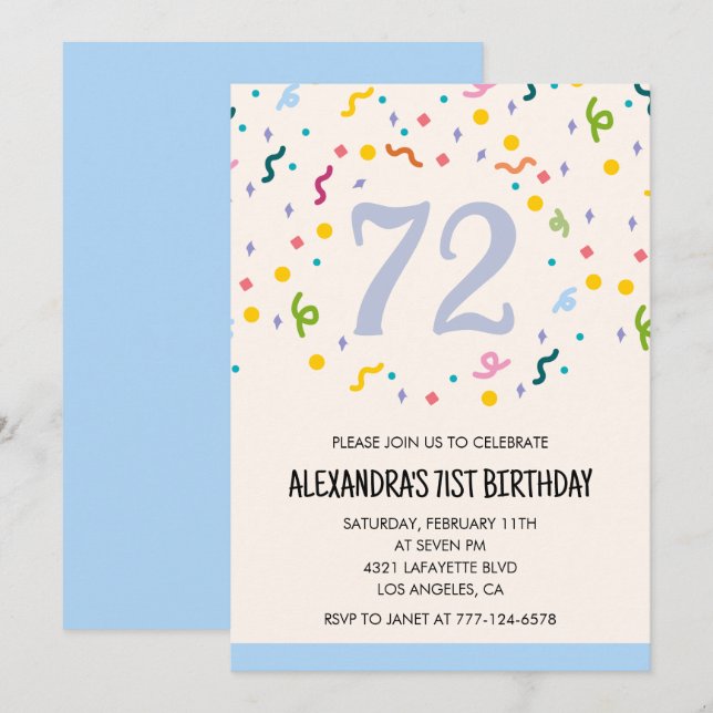 Modern Simple Confetti 72nd birthday invitations  (Front/Back)