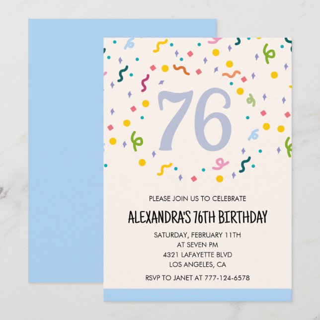 Modern Simple Confetti 76th birthday invitations  (Front/Back)