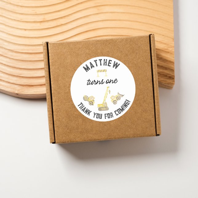 Modern Simple Construction 1st Birthday Thank You Classic Round Sticker (Creator Uploaded)