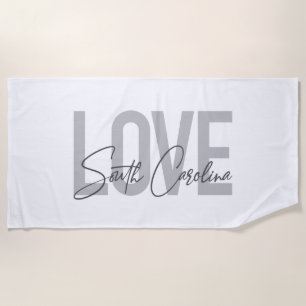 Modern, simple, cool design Love South Carolina Beach Towel