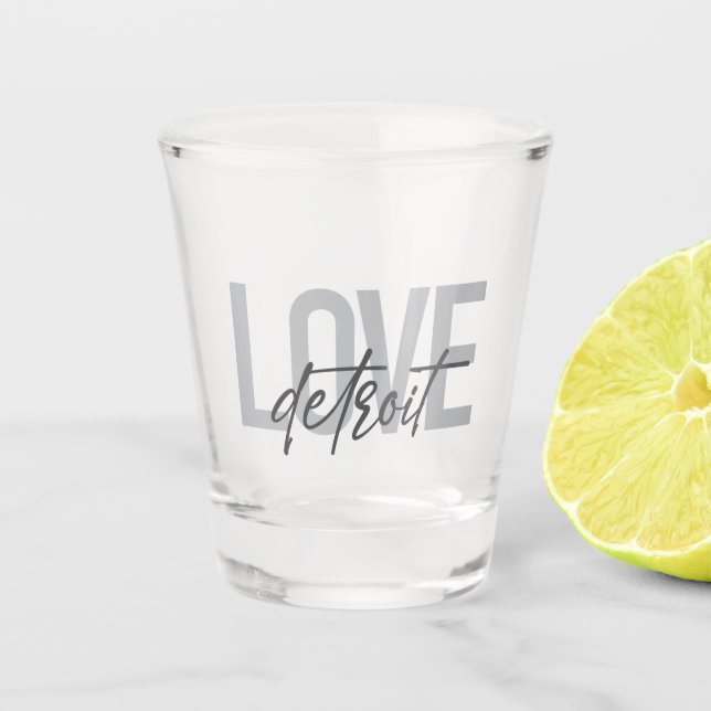 Modern, simple, cool, urban design Love Detroit Shot Glass (Front)