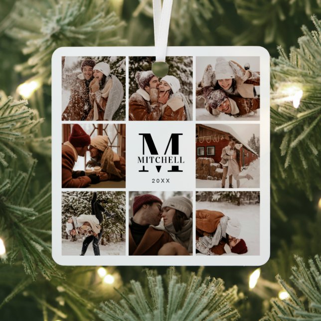 Modern Simple Couple Photo Collage | Monogram Gift Metal Tree Decoration (Insitu)