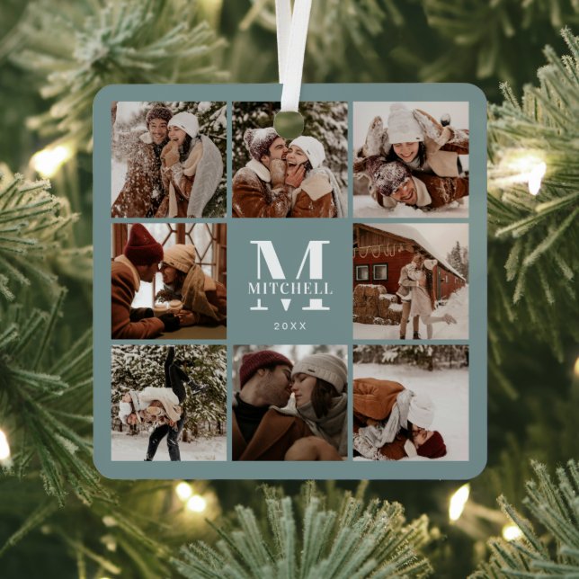 Modern Simple Couple Photo Collage | Monogram Sage Metal Tree Decoration (Insitu)