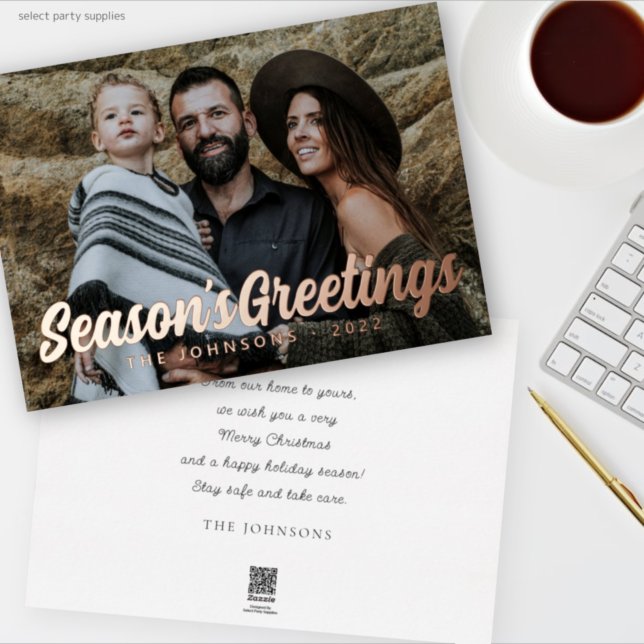 Modern Simple Cursive Script Greeting Family Photo Foil Holiday Card (Creator Uploaded)