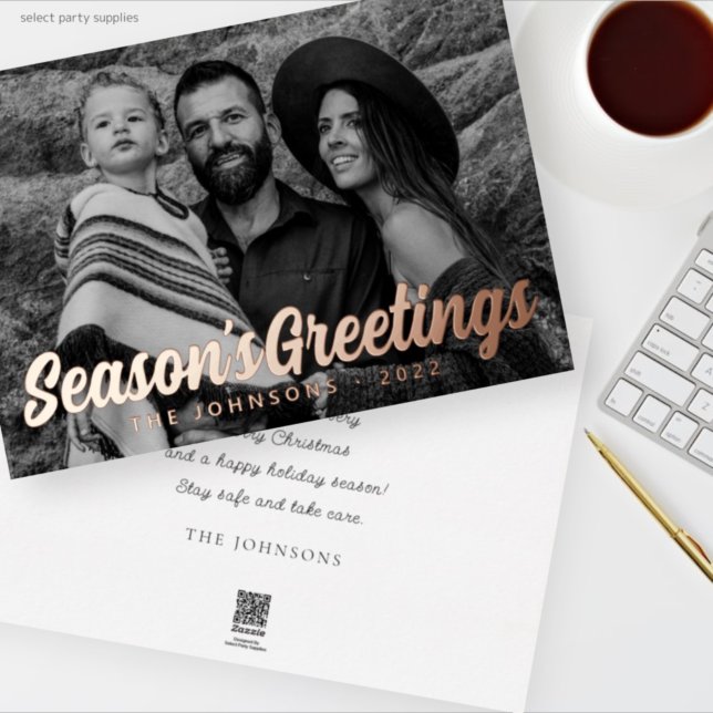 Modern Simple Cursive Script Greeting Family Photo Foil Holiday Card (Creator Uploaded)