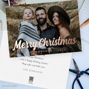 Modern Simple Cursive Script Greeting Family Photo Foil Holiday Card