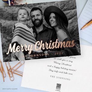 Modern Simple Cursive Script Greeting Family Photo Foil Holiday Card