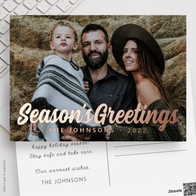 Modern Simple Cursive Script Greeting Family Photo Foil Holiday Postcard (Creator Uploaded)
