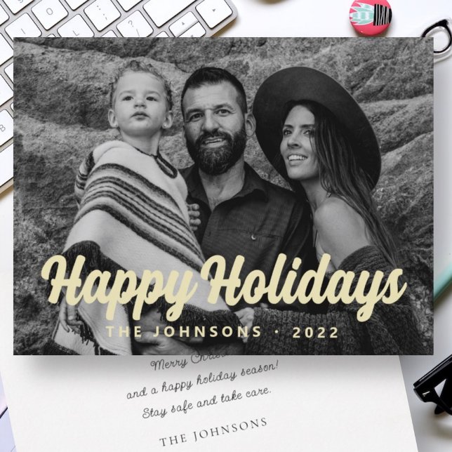 Modern Simple Cursive Script Greeting Family Photo Holiday Card (Creator Uploaded)
