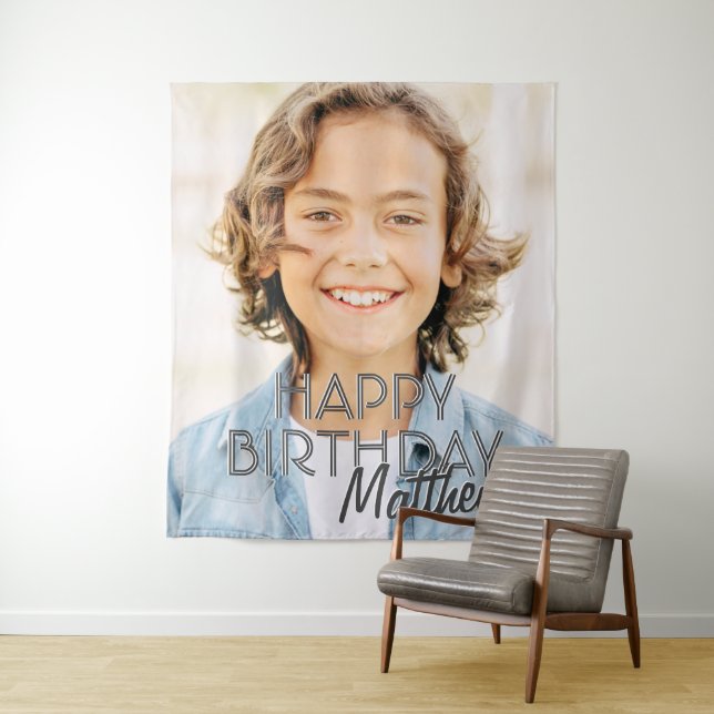 Modern Simple Custom Photo Birthday Greeting Tapestry (In Situ)