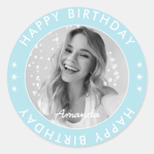 Modern Simple Cute Blue Happy Birthday Photo Classic Round Sticker