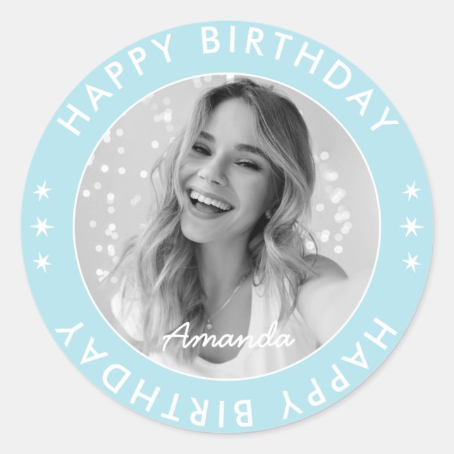 Modern Simple Cute Blue Happy Birthday Photo Classic Round Sticker (Front)