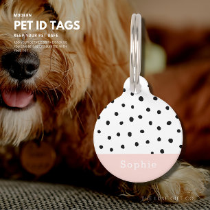 Modern Simple Cute Custom Monogram Pink Polka Dot Pet Tag