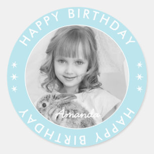 Modern Simple Cute Kids Blue Happy Birthday Photo Classic Round Sticker
