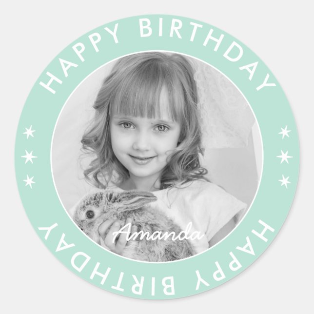 Modern Simple Cute Kids Green Happy Birthday Photo Classic Round Sticker (Front)