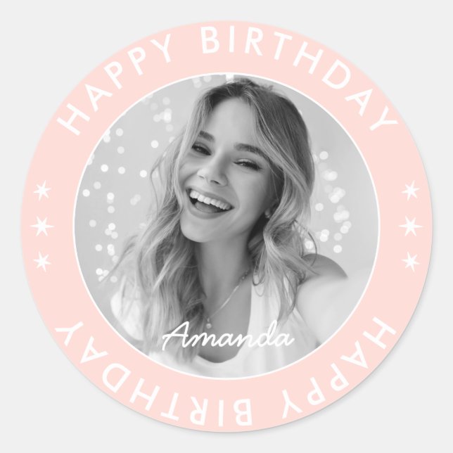 Modern Simple Cute Pink Happy Birthday Photo Classic Round Sticker (Front)
