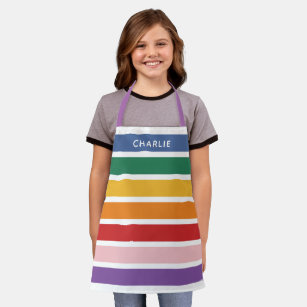 Modern Simple Cute Rainbow Custom Name Striped Kid Apron