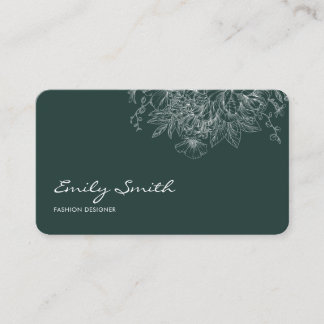 Modern Simple Dark Blue Flower Line Art QRCode  Business Card