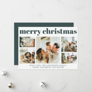 Modern Simple Dark Green Photo Collage Christmas Holiday Card