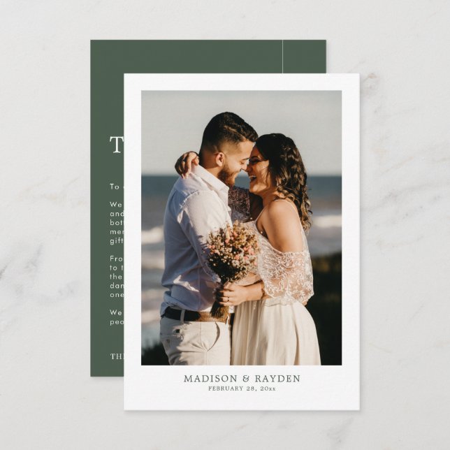 Modern Simple Dark Green with Photo Wedding Thank You Card (Front/Back)