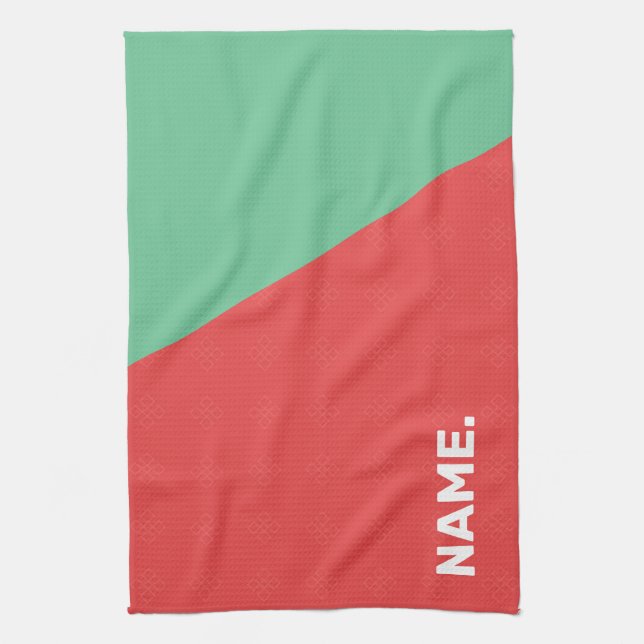 Modern simple design custom text, coral and mint tea towel (Vertical)