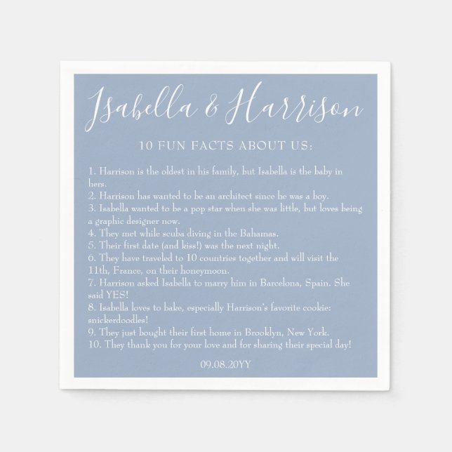 Modern Simple Dusty Blue Fun Facts Wedding Napkins (Front)