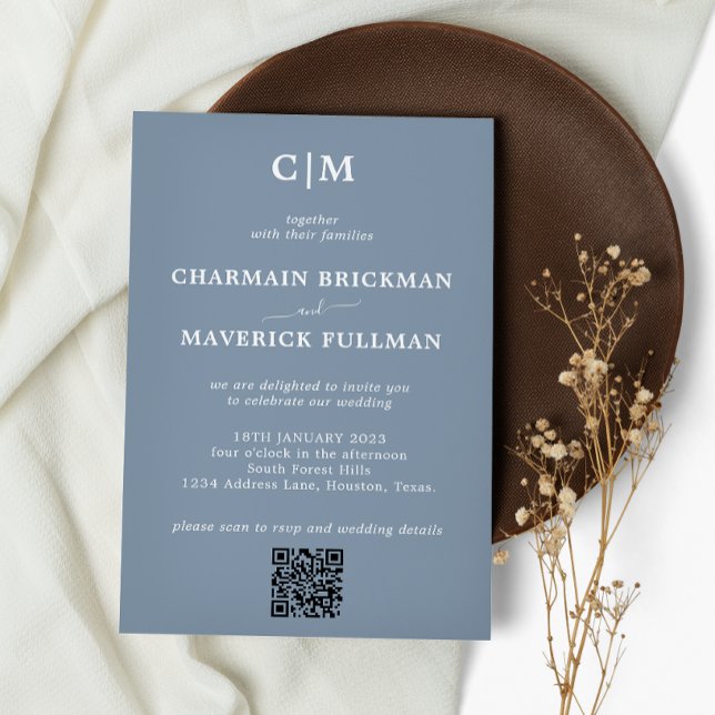 Modern Simple Dusty Blue Monogram QR code Wedding Invitation (Creator Uploaded)