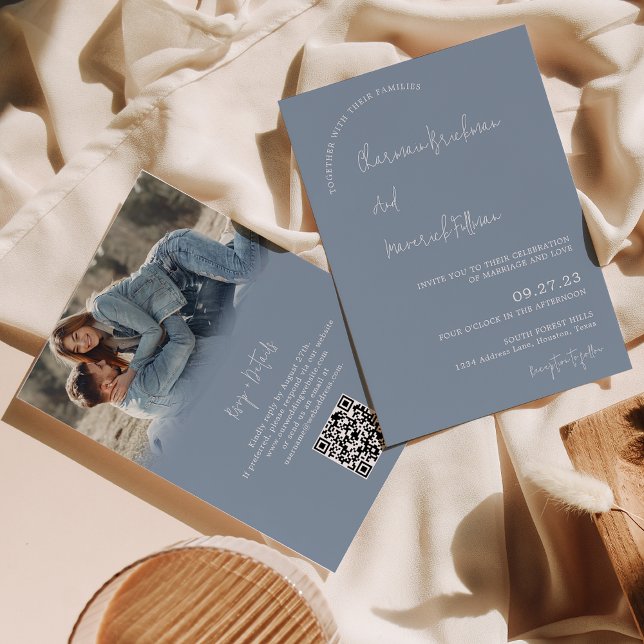 Modern Simple Dusty Blue RSVP QR code Wedding Invitation (Creator Uploaded)