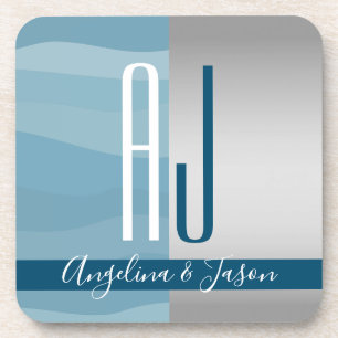 Modern Simple Dusty Blue & Silver Wedding Initials Coaster