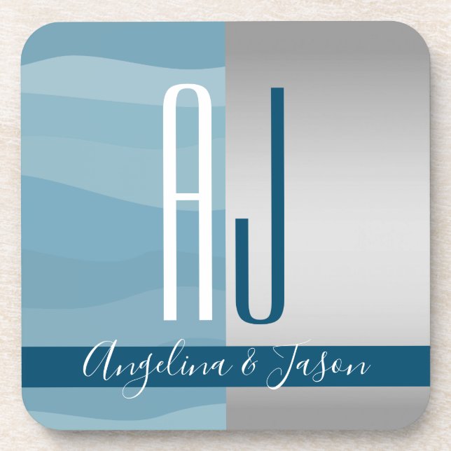 Modern Simple Dusty Blue & Silver Wedding Initials Coaster (Front)