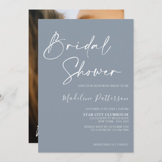 Modern Simple Dusty Blue with Photo Bridal Shower Invitation (Front/Back)