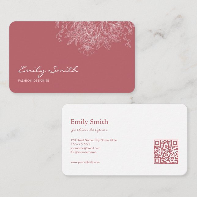 Modern Simple Dusty Pink Flower Line Art QR Code  Business Card (Front/Back)