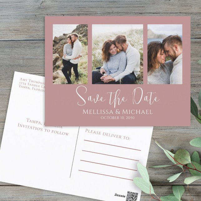 Modern Simple Dusty Rose Elegant 3 Photo Budget  Postcard (Creator Uploaded)