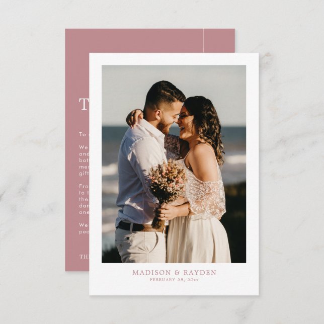 Modern Simple Dusty Rose with Photo Wedding Thank You Card (Front/Back)