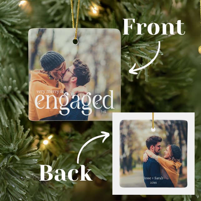 Modern Simple Editable Colour Engaged 2 Photos Ceramic Ornament (Creator Uploaded)