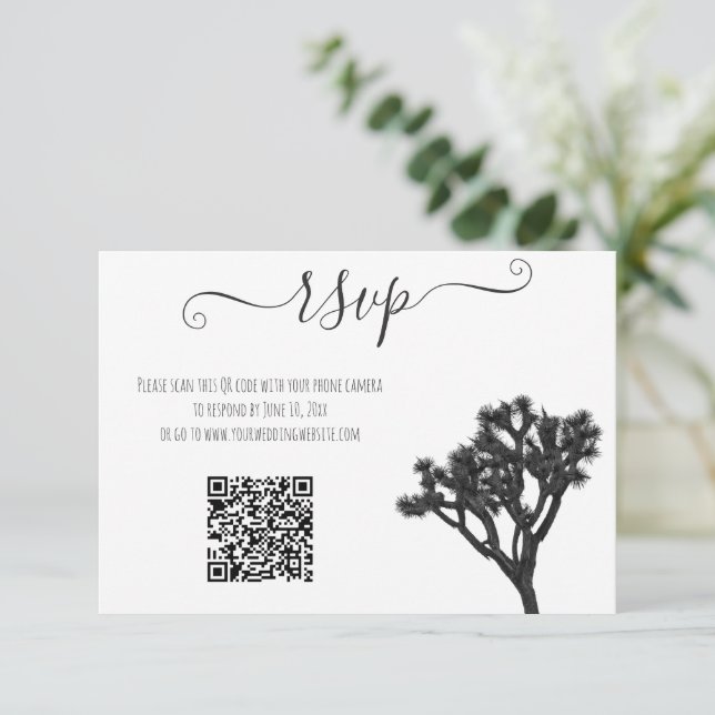 Modern Simple Elegant B&W Joshua tree QR Code RSVP Card (Standing Front)