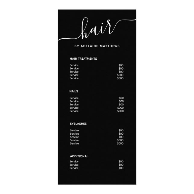 Modern Simple Elegant Black Hair Salon Price List Rack Card (Front)