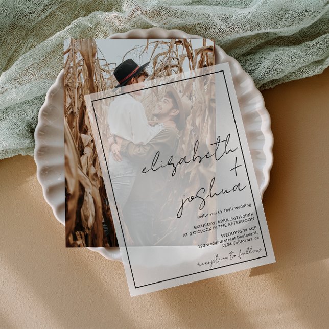 Modern simple elegant black script wedding vellum invitations (Creator Uploaded)