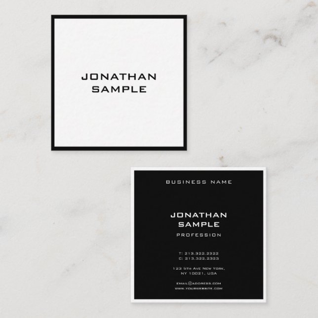 Modern Simple Elegant Black White Template Matte Square Business Card (Front/Back)